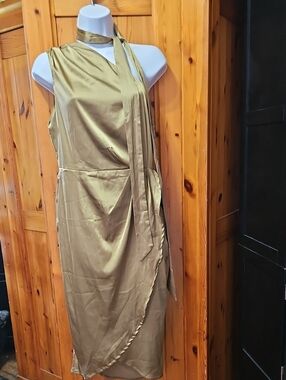 One-Shoulder Golden Khaki Green Style Wrap Midi Dress with Scarf / Belt
